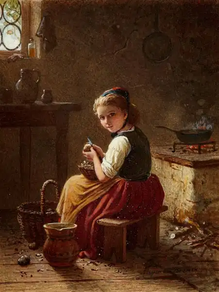 Meyer von Bremen, Johann Georg: Mladá služebná loupající brambory