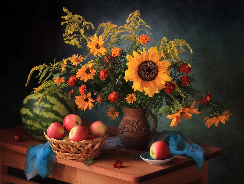 Skorokhod, Tatyana: Stillleben mit Äpfeln und Blumenstrauß