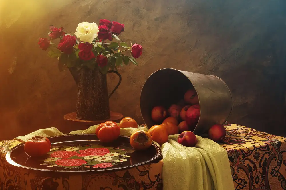 UstinaGreen: Naturaleza muerta con rosas y frutas
