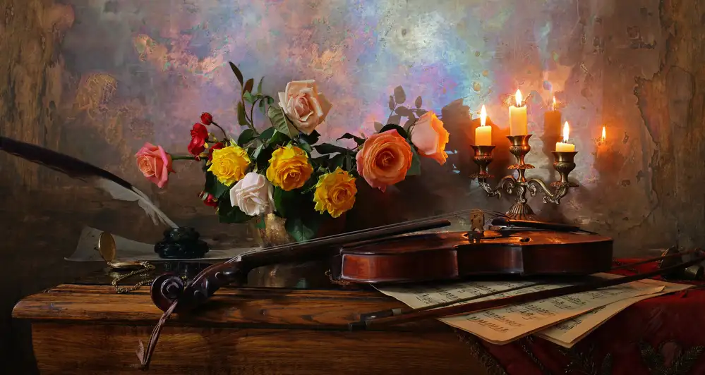 Morozov, Andrey: Still life with violin and flowers