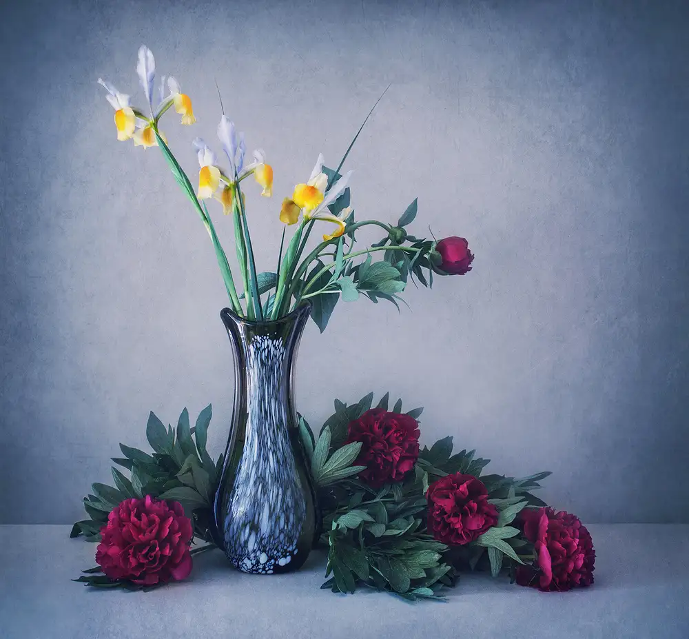Dim, - Dimitar: Natura morta con iris e peonie