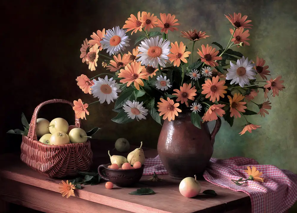 Skorokhod, Tatyana: Stillleben mit Gänseblümchen und Äpfeln