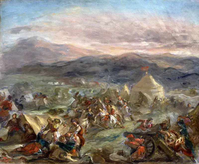 Delacroix, Eugene: Markos Botsaris napadá tábor Turků a je raněn
