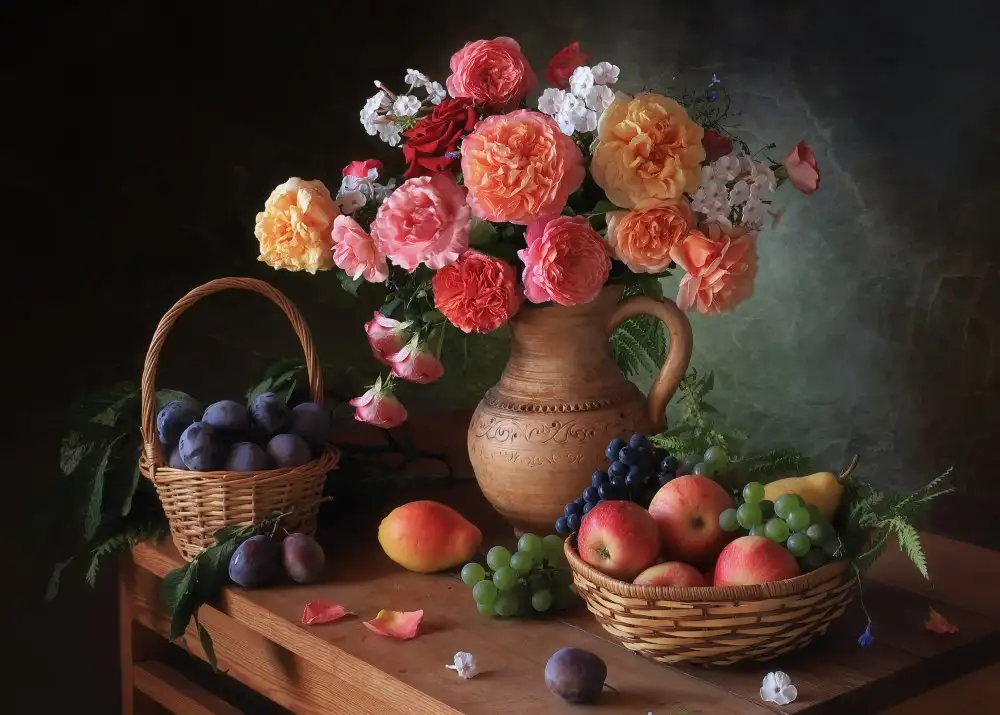 Skorokhod, Tatyana: Still life with flowers and autumn fruits