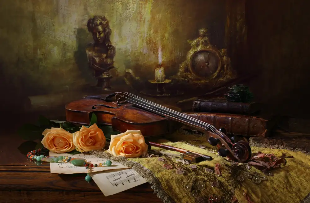 Morozov, Andrey: Naturaleza muerta con violín y rosas.