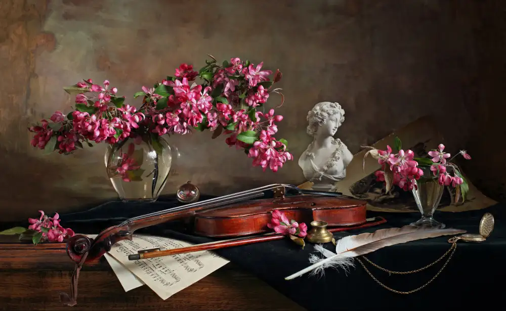 Morozov, Andrey: Naturaleza muerta con violín y flores.