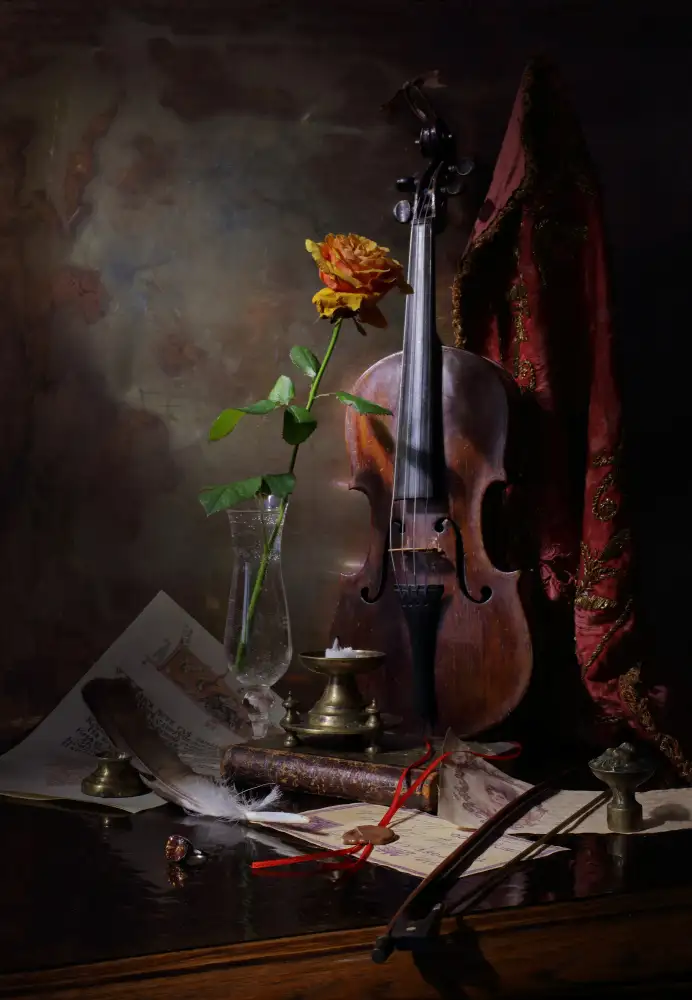 Morozov, Andrey: Naturaleza muerta con violín y rosa.