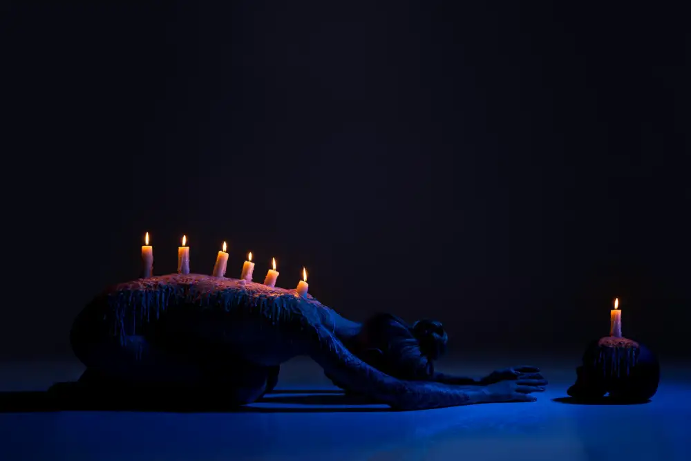 Guryanov, Andrey: Burning candles on back of lady bowing down in darkness