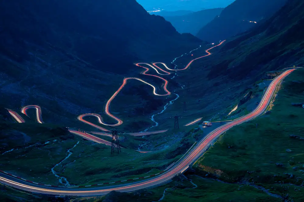 Oprea, Vio: Light trails on the highest mountain road in Romania, Fagaras mountains