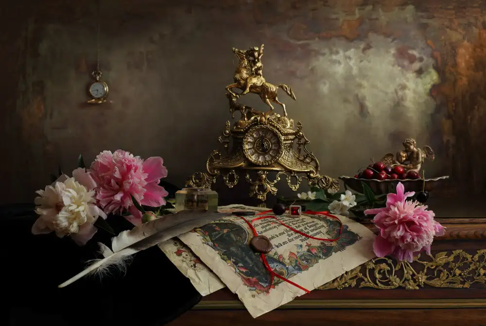 Morozov, Andrey: Still life with clock and peonies