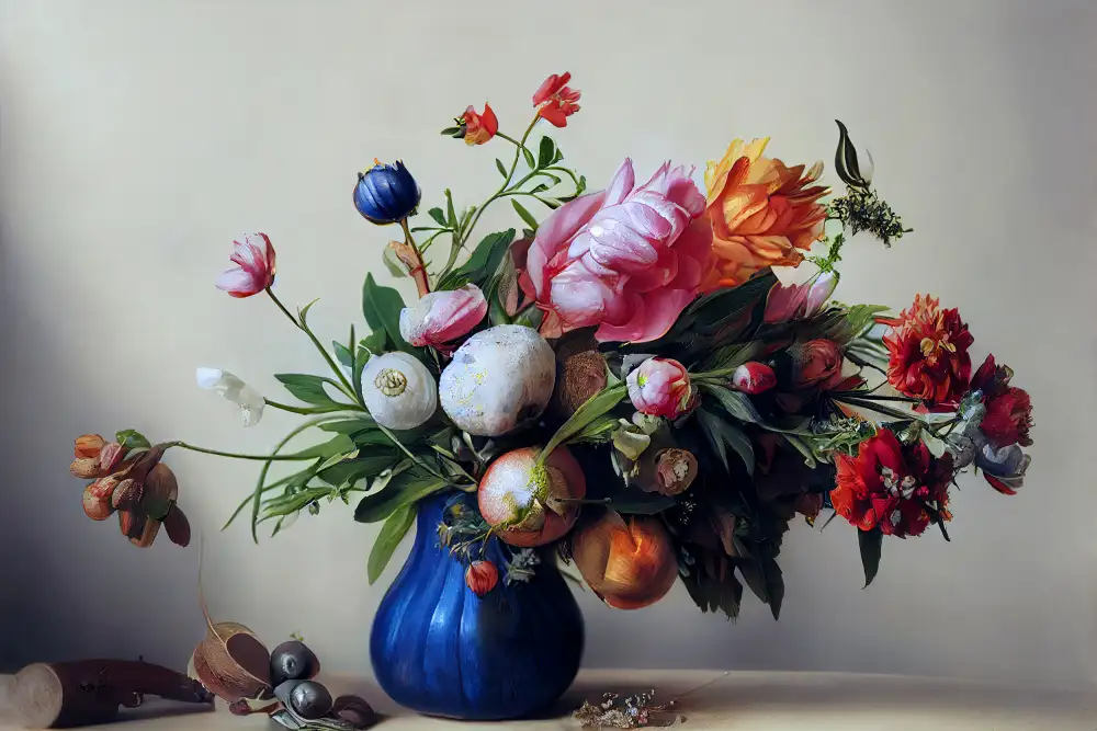 Treechild: Bouquet De Fleurs Avec Vase Bleu