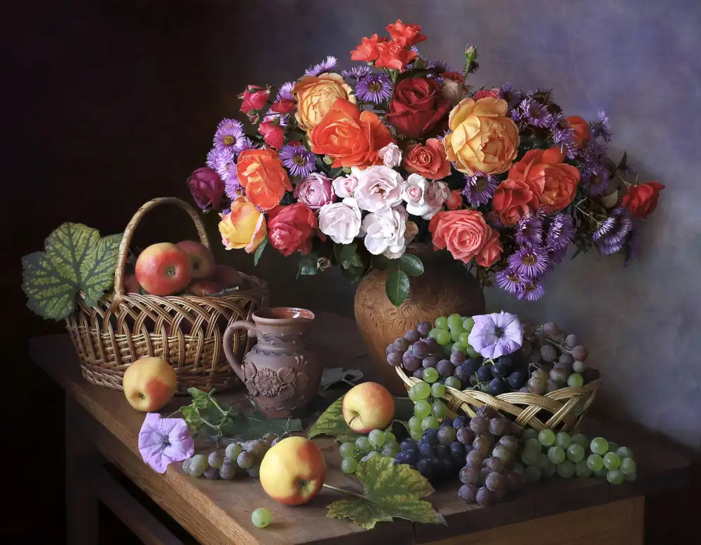 Skorokhod, Tatyana: Still life with autumn bouquet and fruits