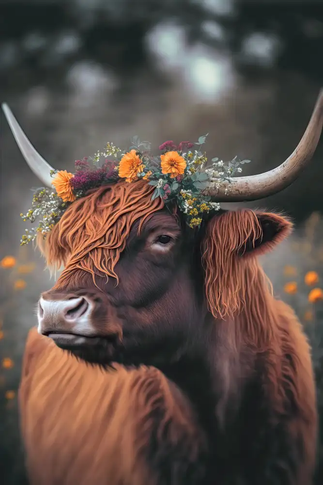Treechild: Vache des Highlands avec des fleurs