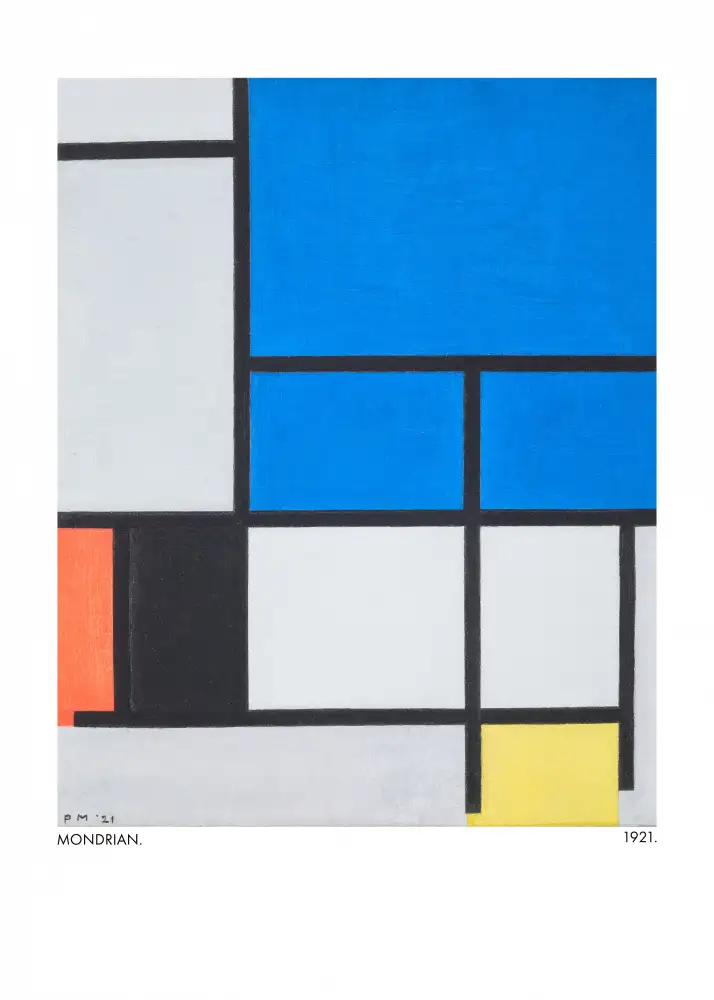 Mondrian, Piet: Kompozice s velkou modrou rovinou,červenou,černou,žlutou a šedou 1921
