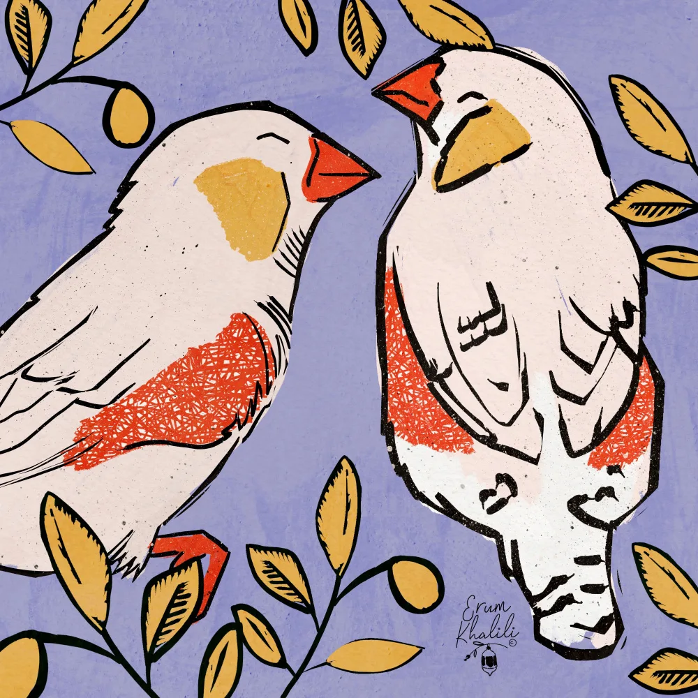 Khalili, Erum: Finch Love Birds Purple Background 2.png