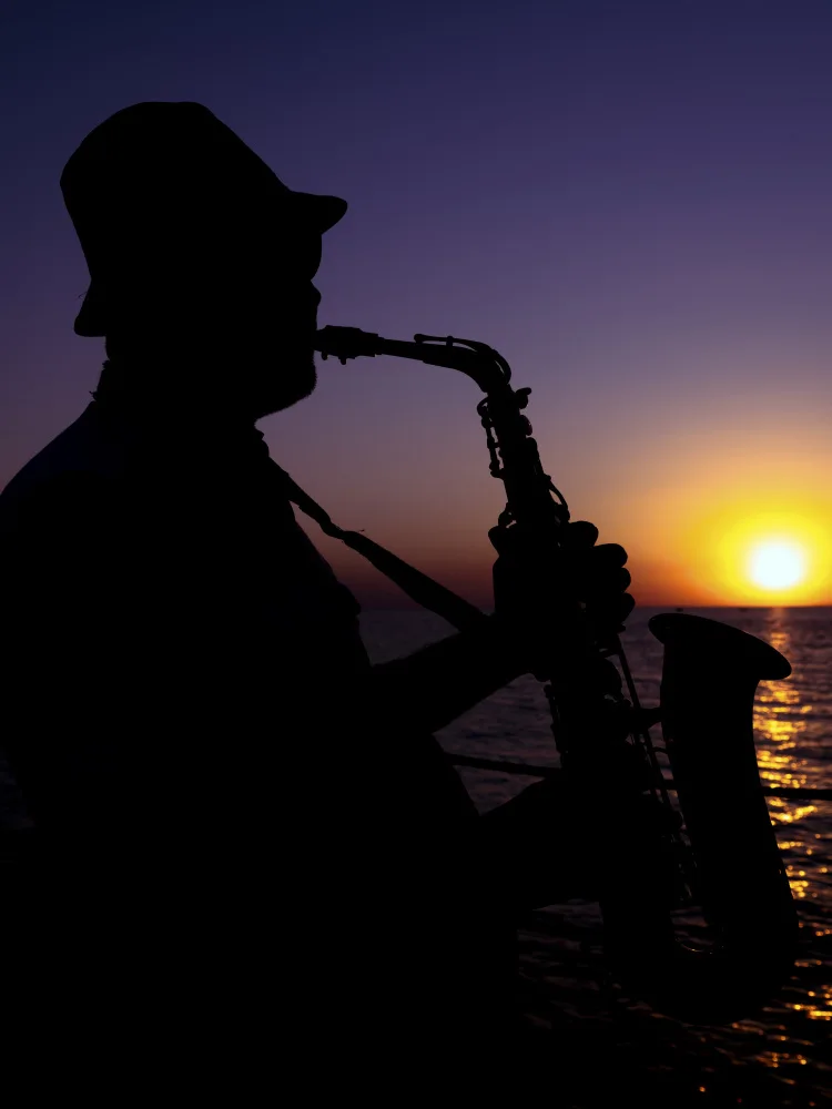 akyurt, engin: un musicien jouant du saxophone au coucher du soleil