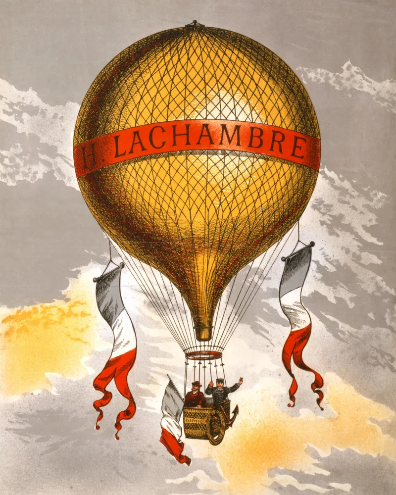 Poster, Travel Vintage: Balón označený dvěma muži jedoucími v koši 1880