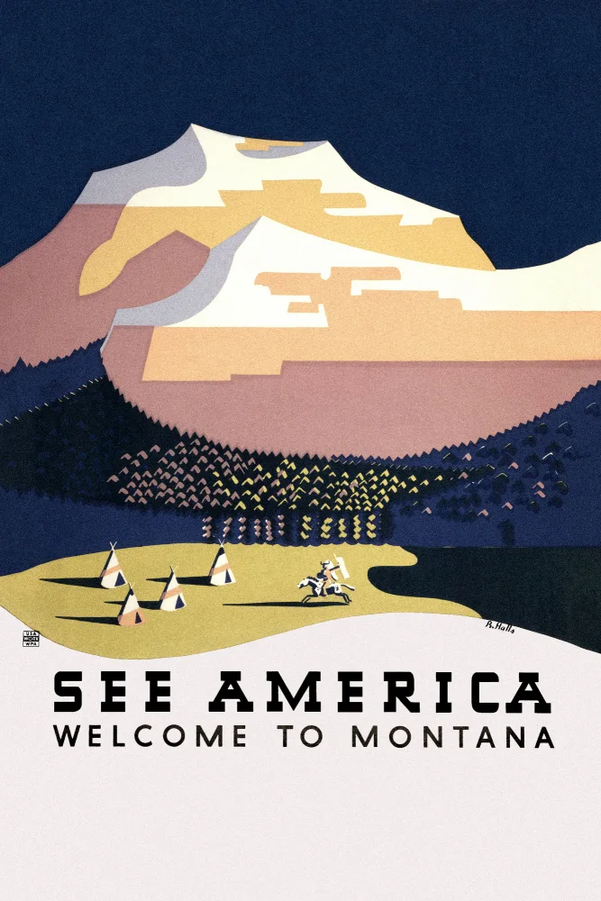 Poster, Travel Vintage: Viz Amerika. Cestovatelský plakát Welcome To Montana (1936) od Richarda Hallse