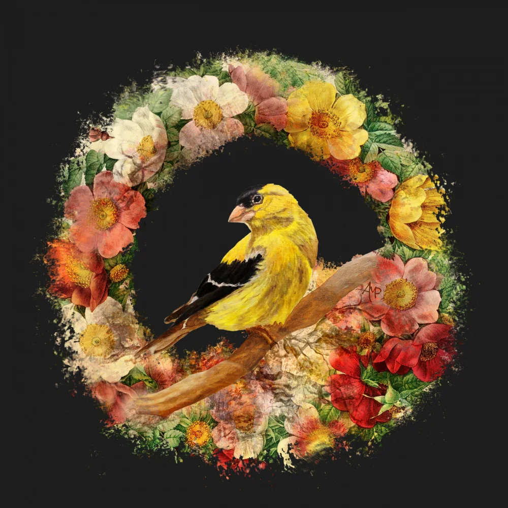 Pomata, M. Angeles: Goldfinch In Flowers Garland.png
