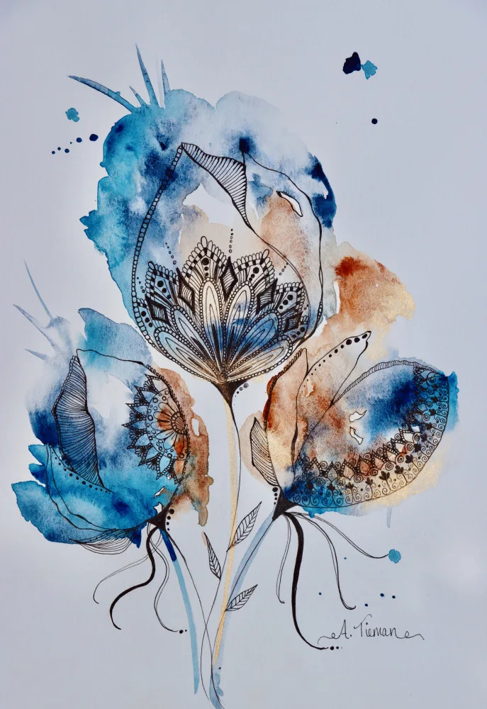 Tieman, Amy: Mandala Floral (Blau,Gold,Gebranntes Siena)