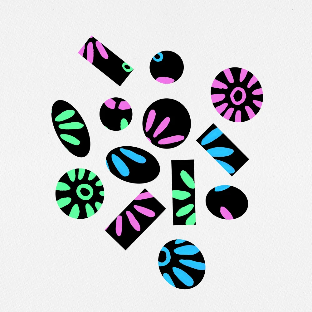Channell, Michele: Fleurs brisées Bleu Vert Rose Abstrait