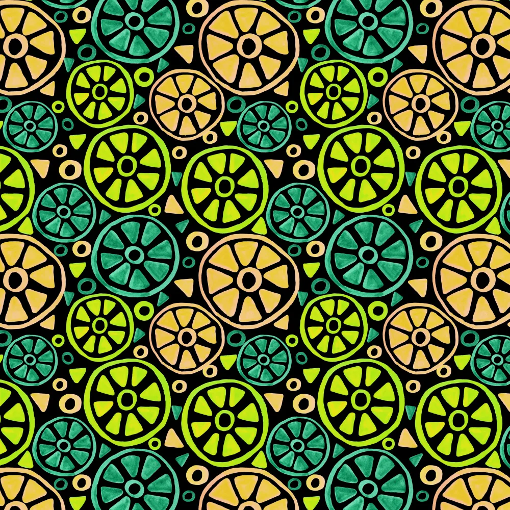 Channell, Michele: Tranches De Fruits Turquoise Vert Orange Sur Noir Géométrique