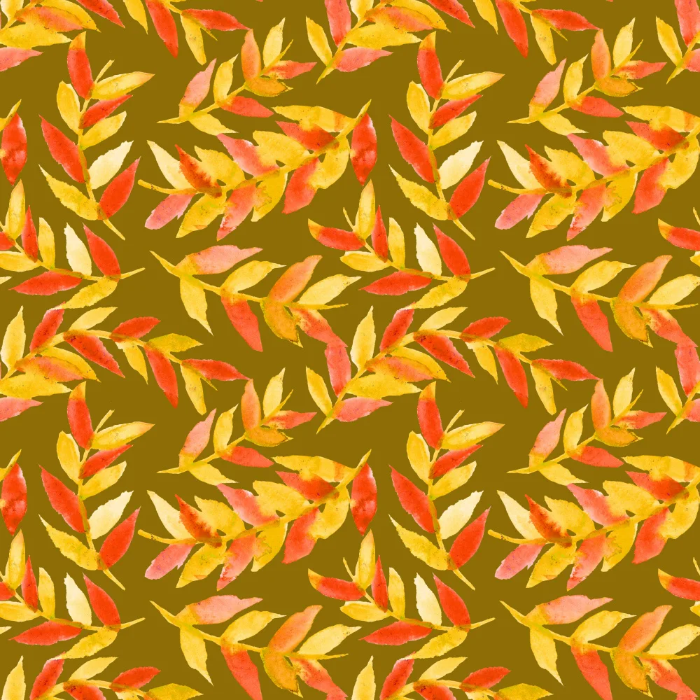 Channell, Michele: Feuilles courbées jaune orange sur olive