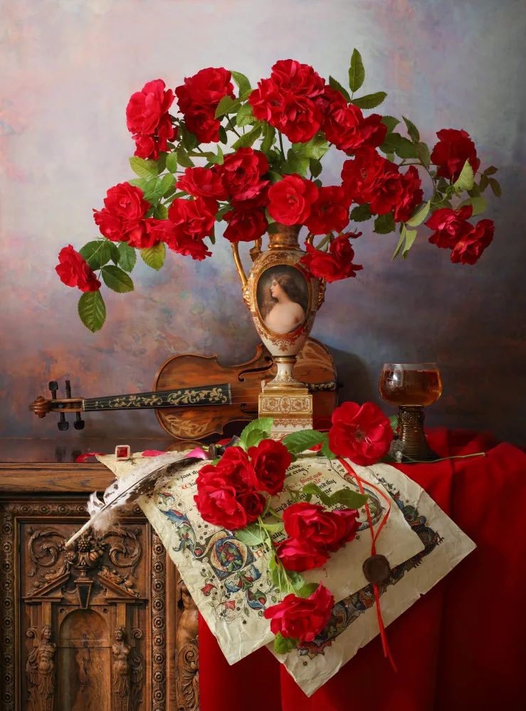 Morozov, Andrey: Still life with violin and red roses