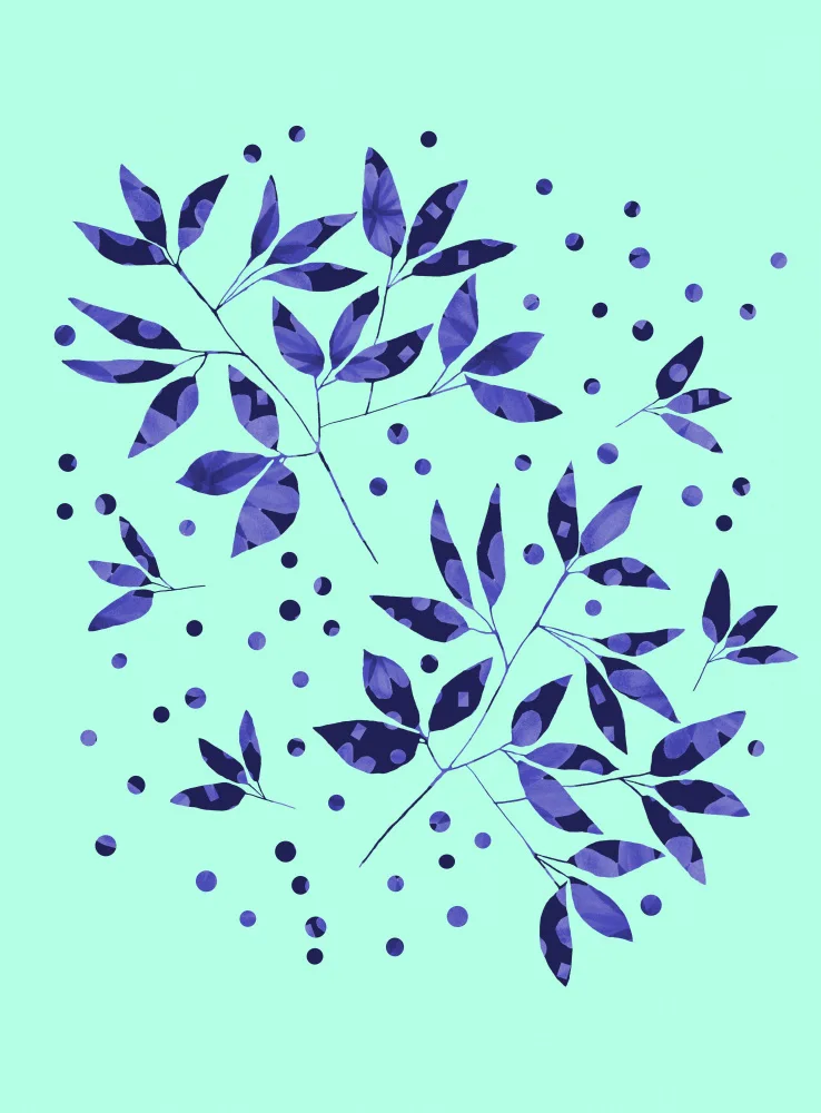Channell, Michele: Motif De Branches Florales Bleues Sur Menthe