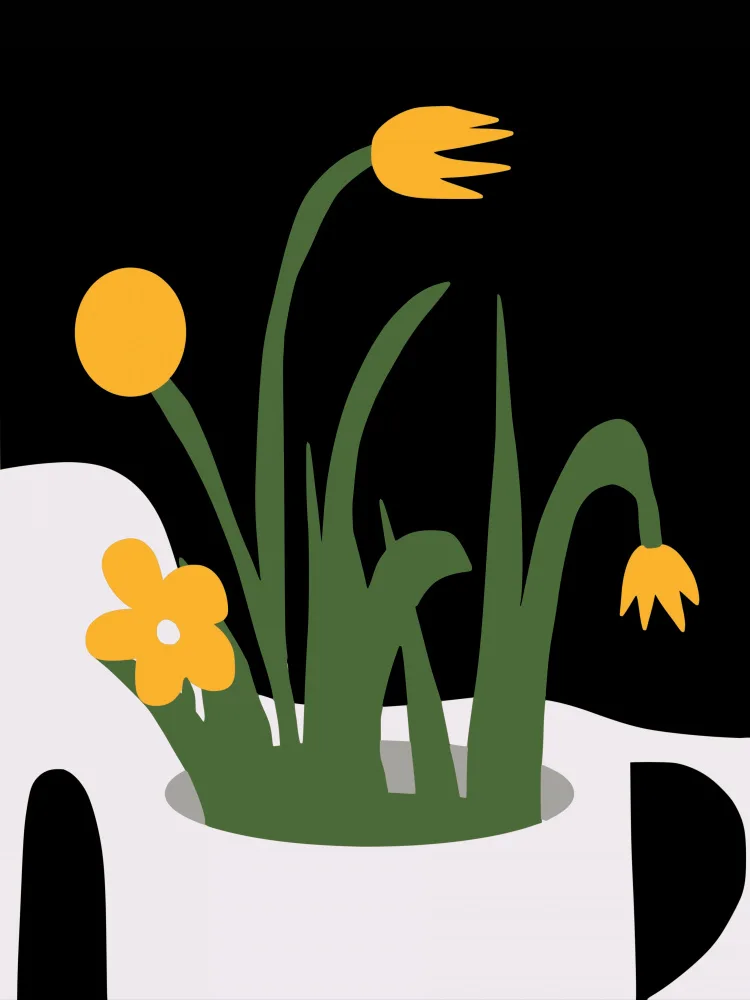Dean, Little: Abstract Sculpture and Yellow Flowers
