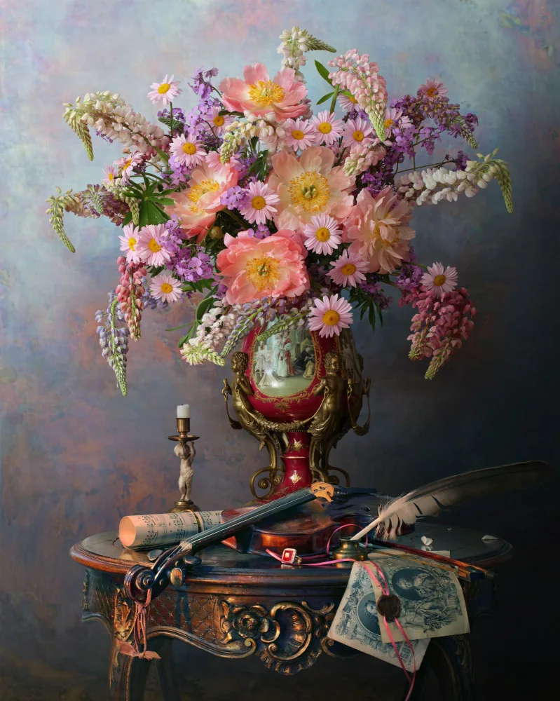 Morozov, Andrey: Still life with violin and flowers
