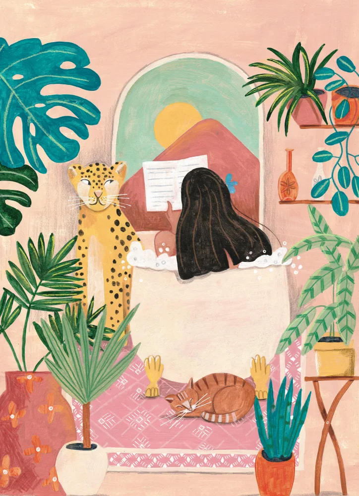 Müller, Bonne Caroline: Woman taking bath in pink tropical bathroom