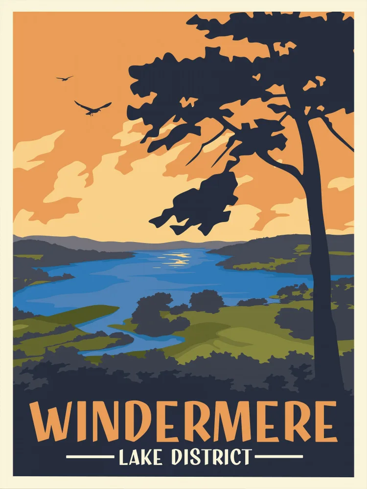 Retrodrome: Impresión de viajes del Distrito de los Lagos de Windermere