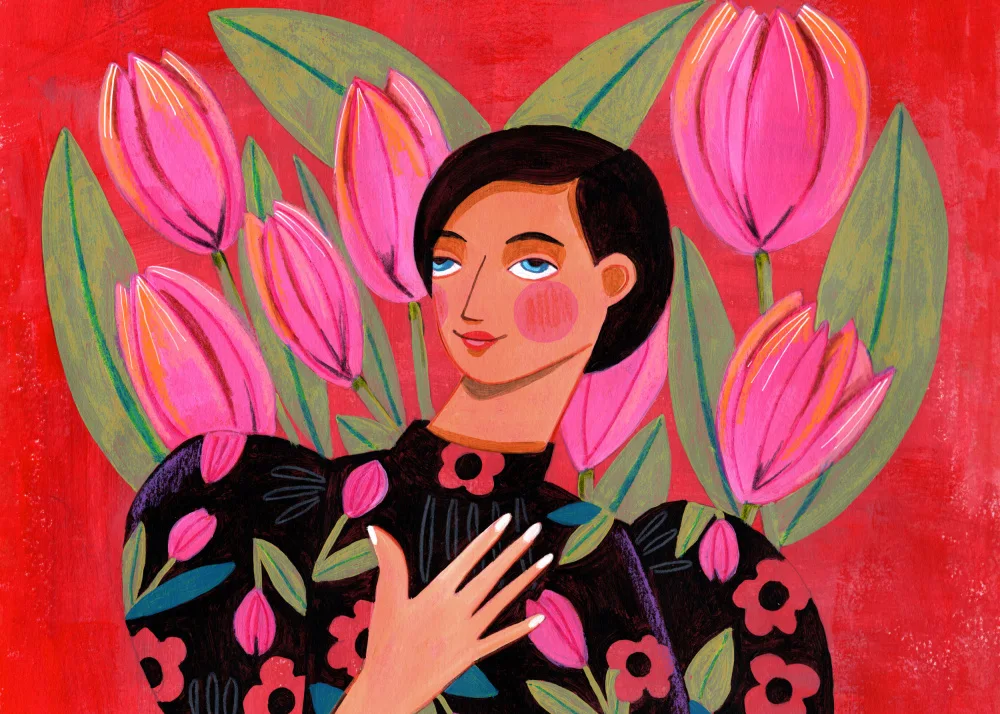 Müller, Bonne Caroline: Abstract Modern Portrait Woman with Tulips