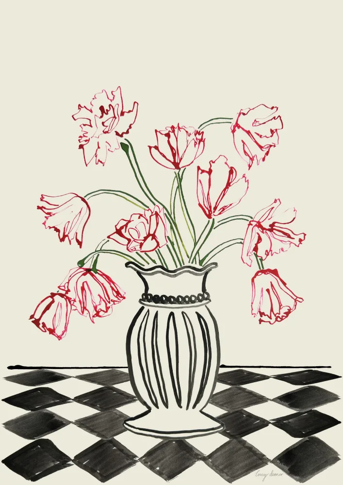 Deaner, Lucy: Pink Tulips In a Vase with Checkered Diamonds