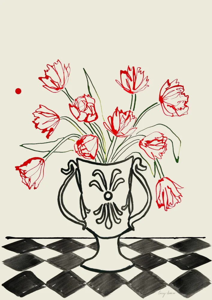 Deaner, Lucy: Red Tulips In a Vase with Checkered Diamonds