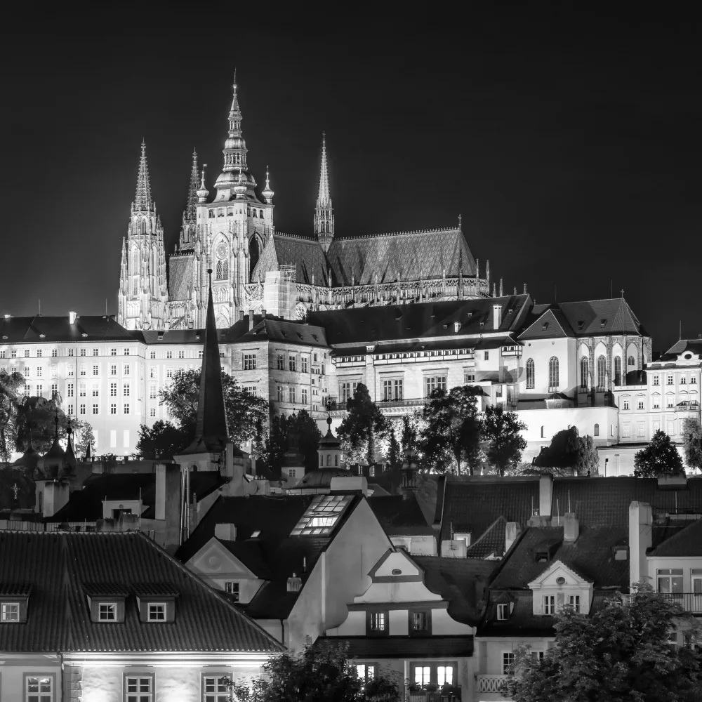 Viola, Melanie: Prague Castle and St. Vitus Cathedral by night - Monochrome