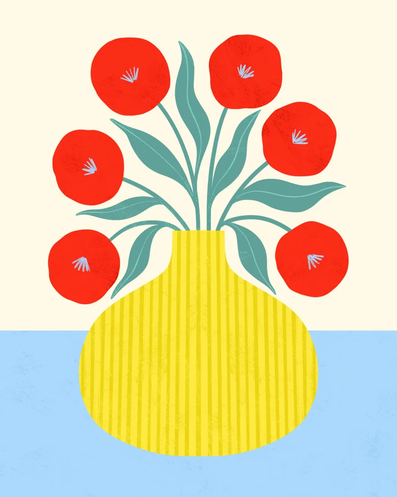 Donne, Melissa: Flores rojas en jarrón amarillo