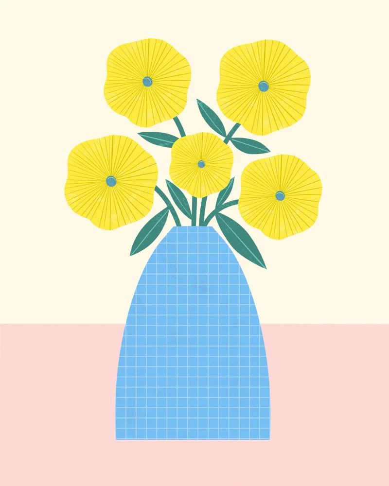 Donne, Melissa: Flores amarillas en jarrón azul.