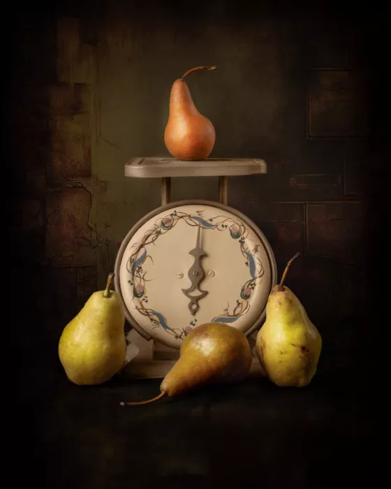 Nick, Noa: Balanced Elegance: Pears Poised on a Scale