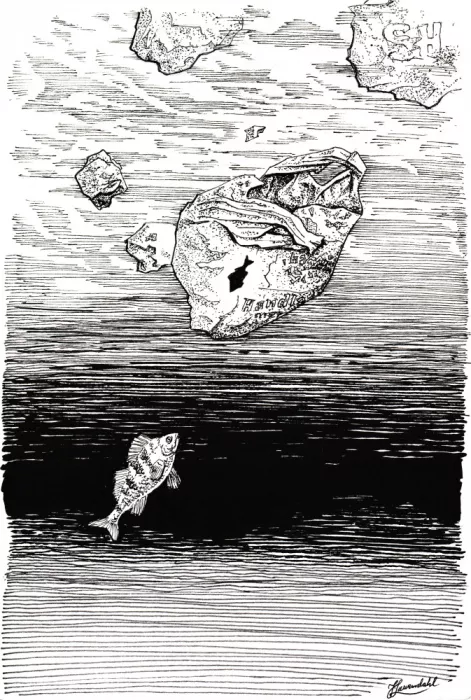 Liewendahl, Johan: Sin mente. Un pez en el mar de plástico - dibujo a tinta