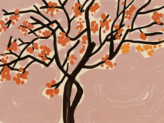 Dean, Little: Stylized Tree With Vibrant Orange Blossoms Against