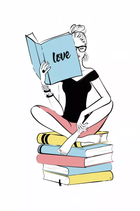 Martina: Femme assise sur une pile de livres