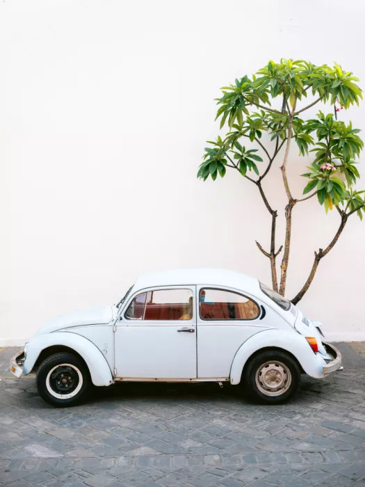Zwart, Raisa: Pastellfarbener Volkswagen Beetle in den Straßen von Oaxaca, Mexiko
