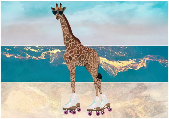 Manovski, Sarah: Giraffe rollerskating on the beach landscape