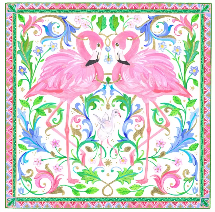 Brent, Isabelle: Zwei rosa Flamingos inmitten komplexer Blumenmuster