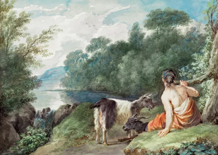 Schouman, Aert: Schäferin mit Ziegen in einer Landschaft mit See