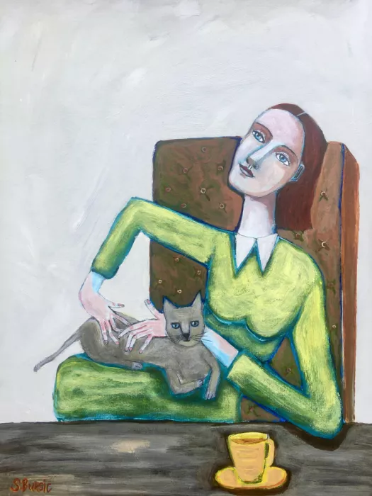 Bursic, Sharyn: Dame kitzelt graue Katze im Sessel