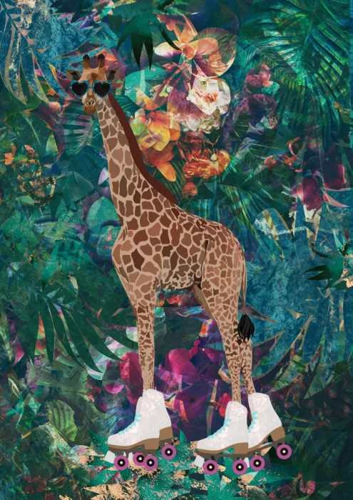 Manovski, Sarah: Tropical Floral Jungle - Giraffe rollerskating
