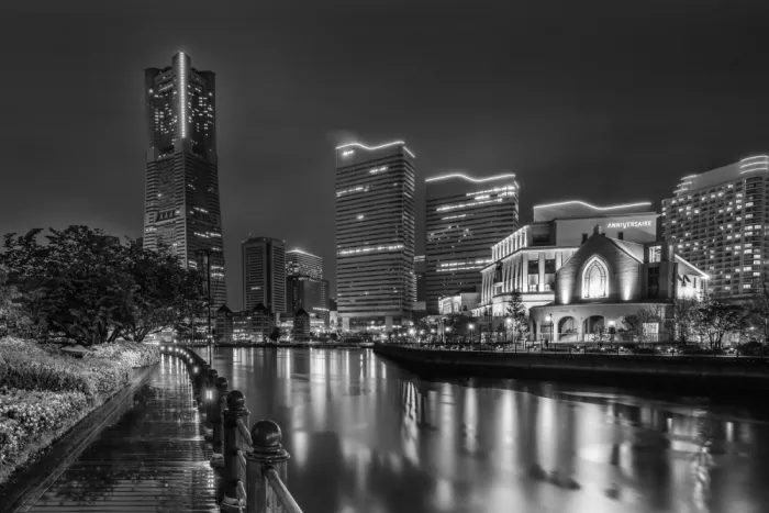Viola, Melanie: Affascinante skyline di Yokohama di notte - monocromatica